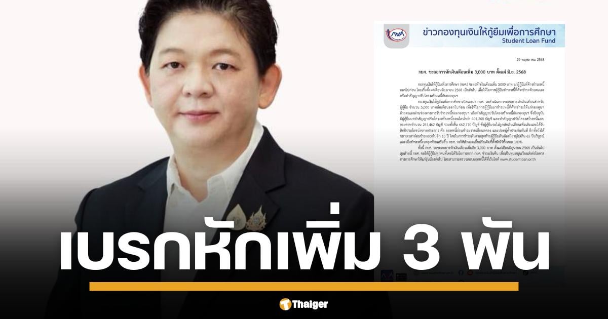 ข่าวดีลูกหนี้ กยศ. เย็นนี้ 29 พ.ค. ประกาศด่วน สั่ง ชะลอ การหักเงินเดือนเพิ่มเติม เดือนละ 3,000 บาท ออกไปก่อน มีผลตั้งแต่เดือนมิถุนายน 2568 นี้เป็นต้นไป