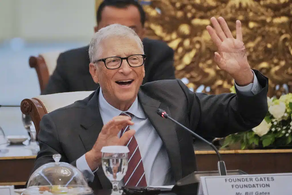 Microsoft co-founder and former CEO Bill Gates gestures as he speaks during his meeting with Indonesian President Prabowo Subianto at Merdeka Palace in Jakarta, Indonesia, Wednesday, May 7, 2025.