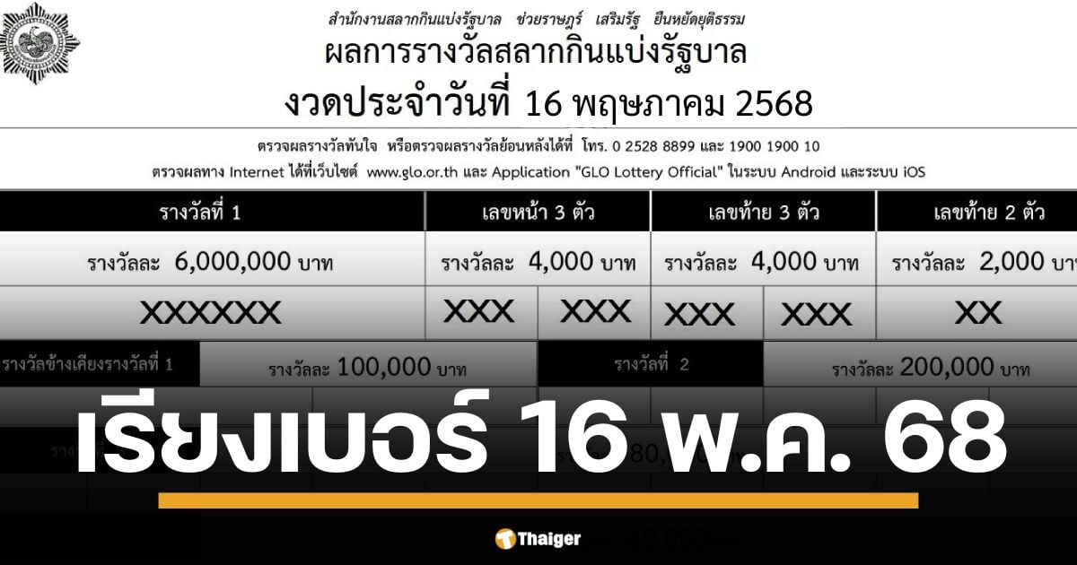 ใบตรวจหวยเรียงเบอร์มาแล้ว ผลสลากกินแบ่งรัฐบาล งวด 16 พฤษภาคม 2568 มาแล้วจ้า เช็กรางวัลที่ 1 ถึงเลขท้ายได้ที่นี่