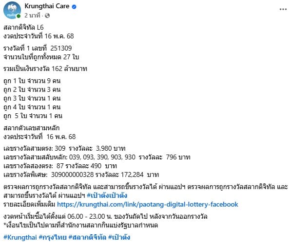 สลากดิจิทัล L6 งวดประจำวันที่ 16 พ.ค. 68