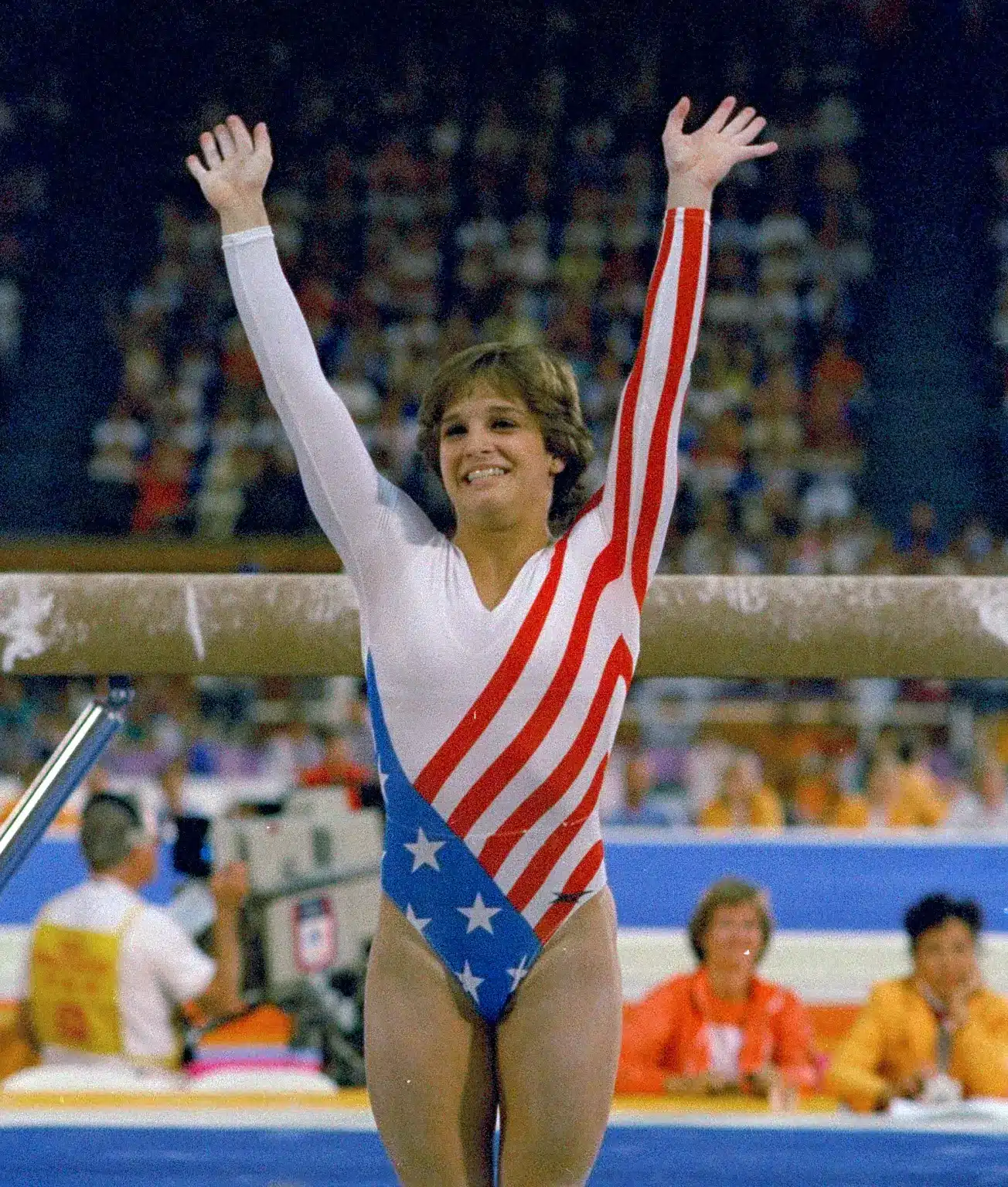 Mary Lou Retton reacts to applause after her performance at the SummerOlympics in Los Angeles on Aug. 3, 1984.