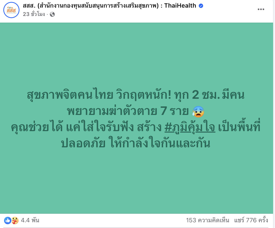 คนไทยฆ่าตัวตายทุกๆ 7 ชั่วโมง