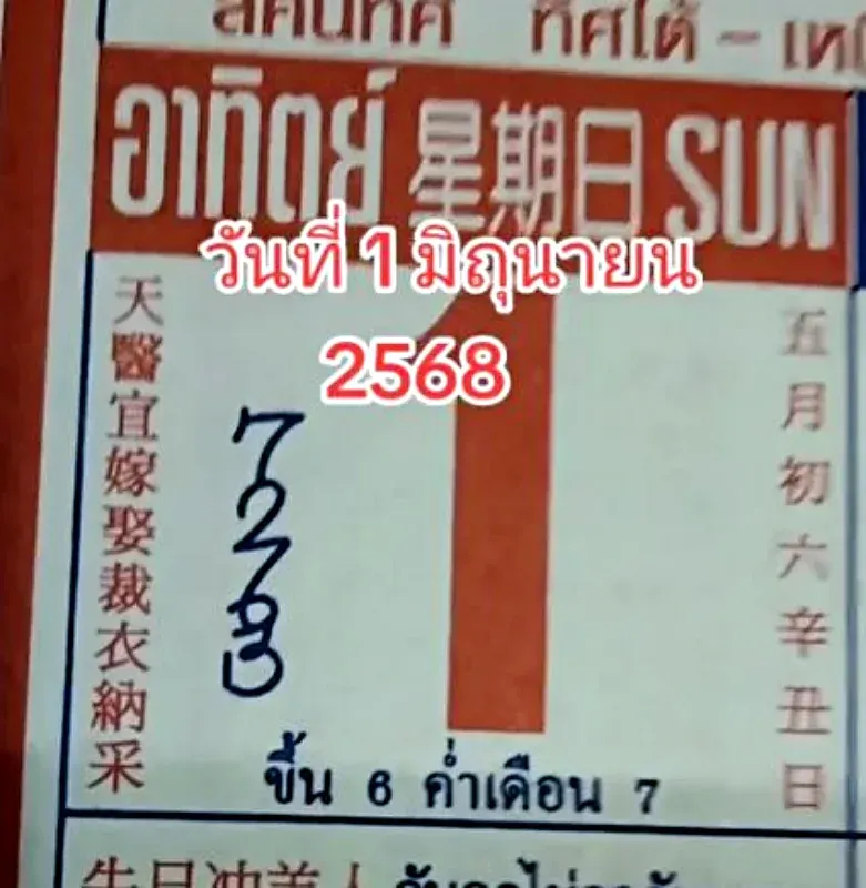 เลขเด็ดปฏิทินจีน งวดวันที่ 1 6 68 ฉบับที่ 6