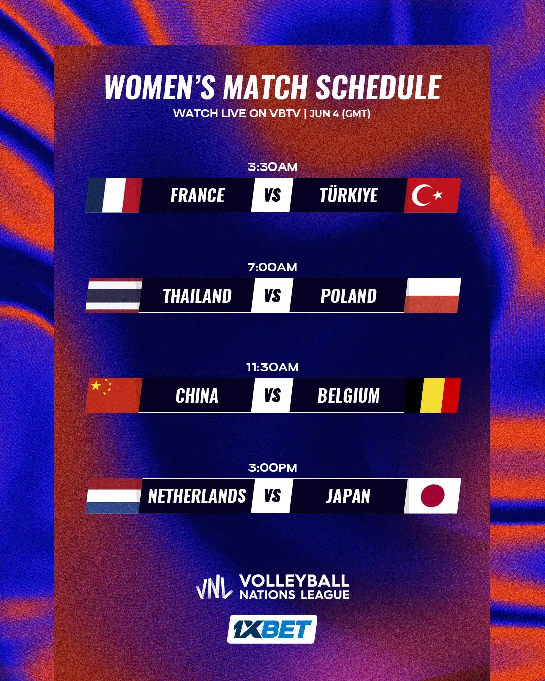 ตารางแข่งวอลเลย์บอลหญิง VNL 2025 วันแรก