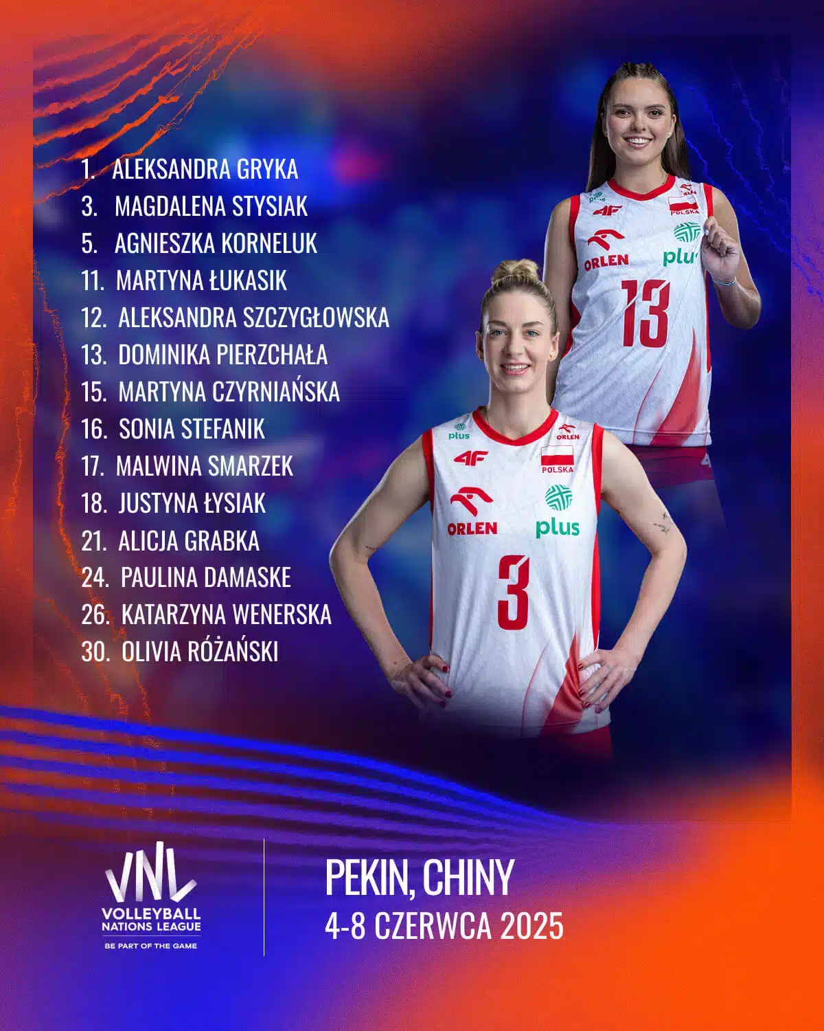 รายชื่อวอลเลย์บอลหญิงโปแลนด์ พบไทย VNL 2025