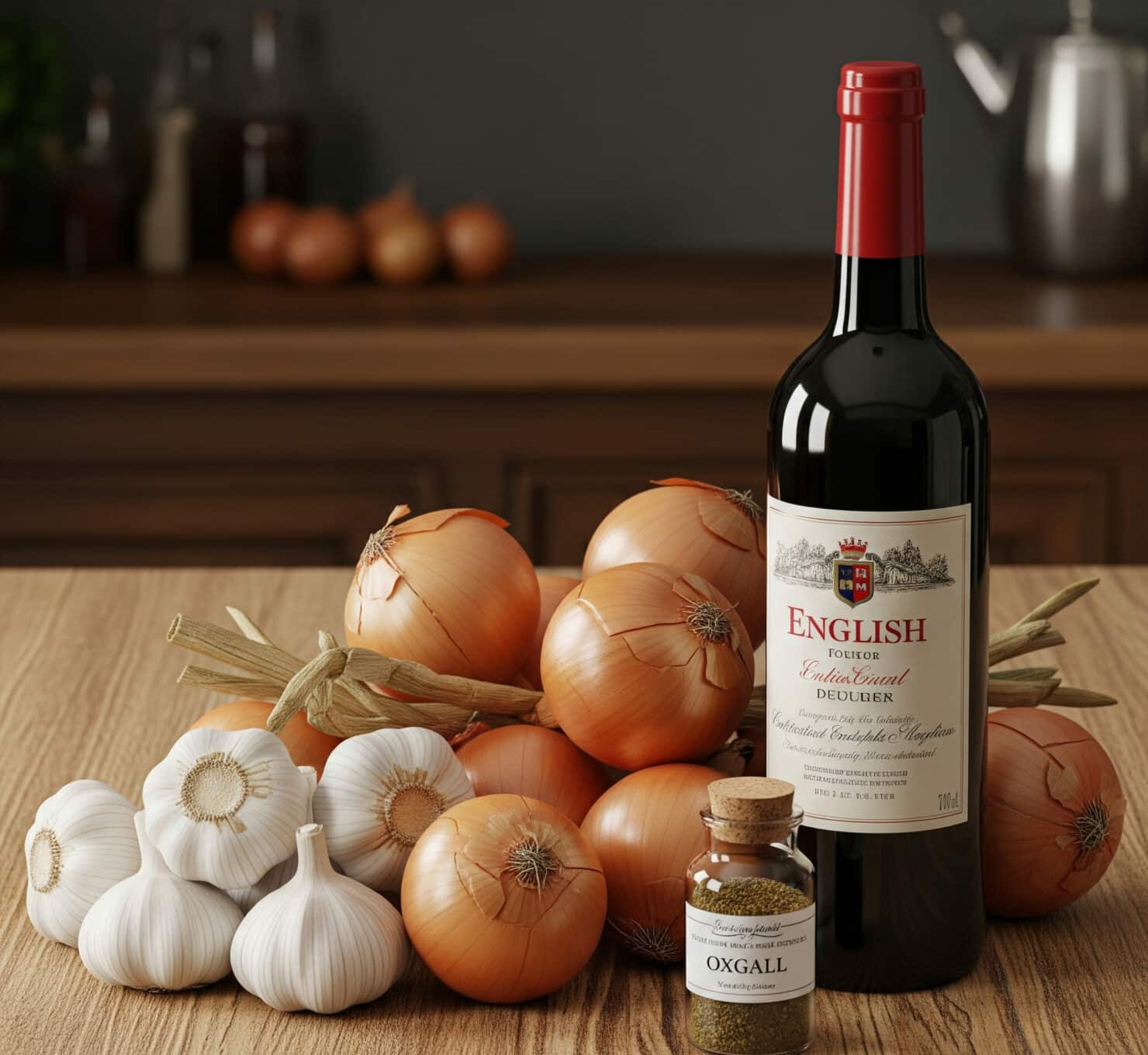 กระเทียม หัวหอม หรือกระเทียมหอม ไวน์อังกฤษ น้ำดีจากวัว บนโต๊ะปรุงอาหาร