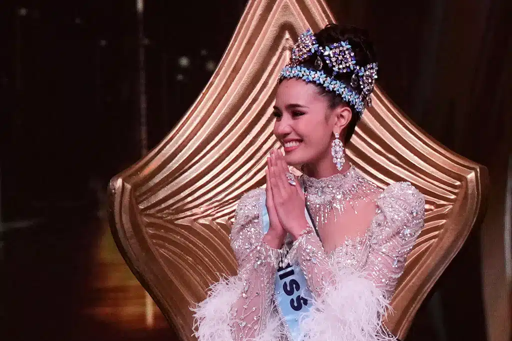 Opal Suchata Chuangsri of Thailand smiles after she was crowned Miss World in Hyderabad, India, Saturday, May 31, 2025.