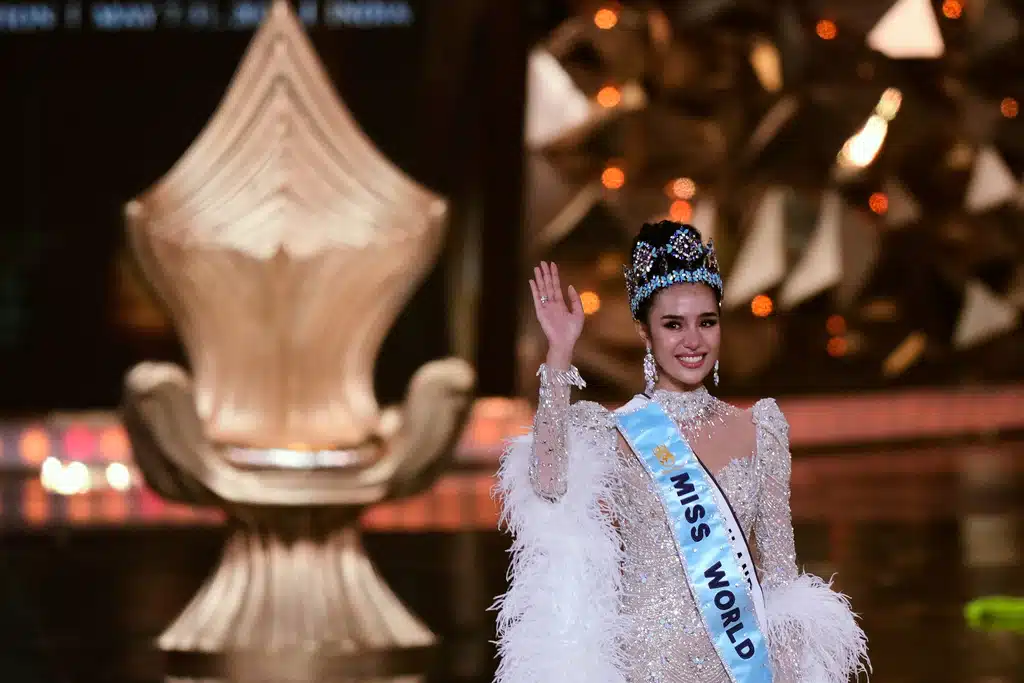 Opal Suchata Chuangsri of Thailand celebrates after winning the 72nd Miss World pageant in Hyderabad, India, Saturday, May 31, 2025.