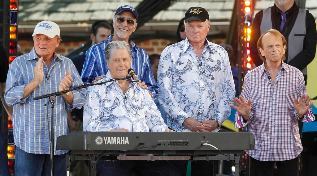 FILE - Members of The Beach Boys, from left, Bruce Johnston, David Marks, rear, Brian Wilson, Mike Love and Al Jardine appear during ABC's "Good Morning America" summer concert series, on June 15, 2012, in New York.