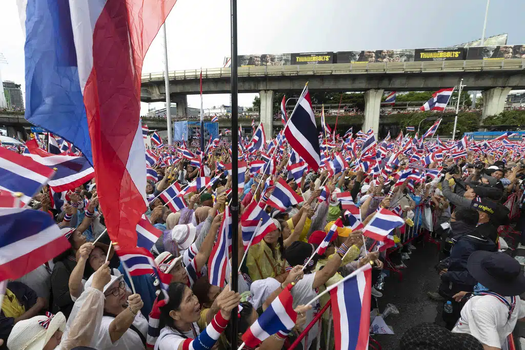 Protesters gather at Victory Monument demanding Thailand's Prime Minister Paetongtarn Shinawatra resign in Bangkok, Thailand, Saturday, June 28, 2025.