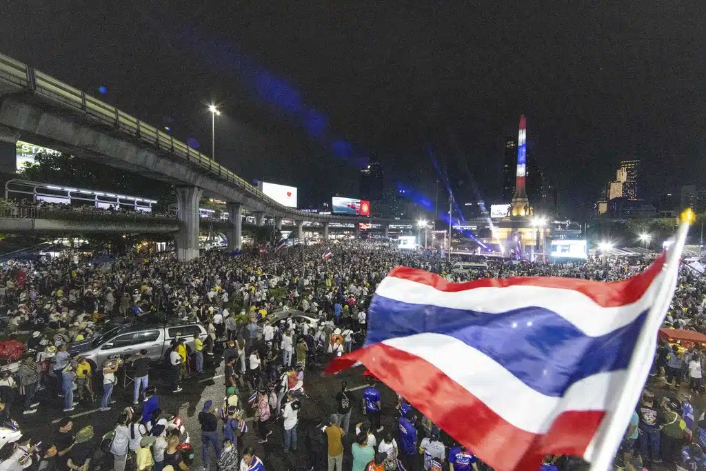 Protesters gather at Victory Monument demanding Thailand's Prime Minister Paetongtarn Shinawatra resign in Bangkok, Thailand, Saturday, June 28, 2025.
