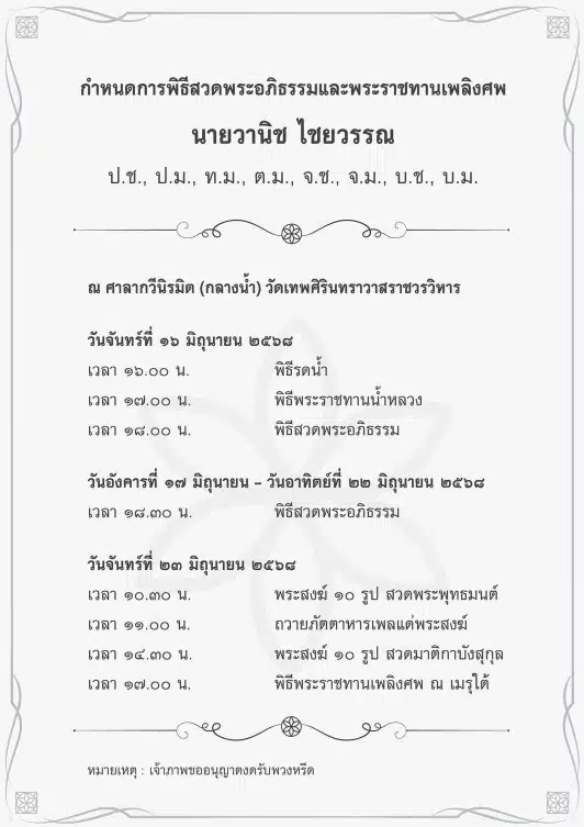 กำหนดสวดพระอภิธรรม วานิช ไชยวรรณ