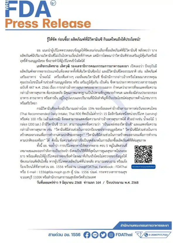 ประกาศจาก อย. เรื่อง ผลิตภัณฑ์ที่มีวิตาซี กินแค่ไหนถึงได้ประโยชน์