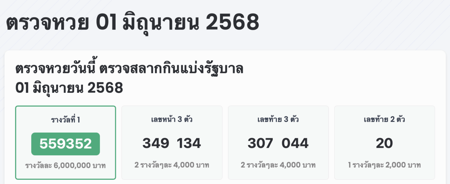 ตรวจหวย 1 มิถุนายน 2568