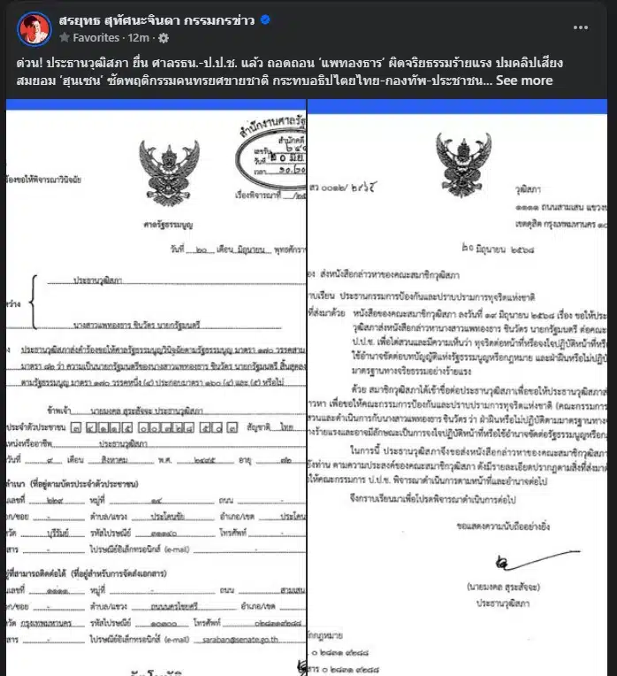 สว.ยื่นแล้ว เชือด นายกฯ แพทองธาร ปมคลิปหลุดขายชาติ