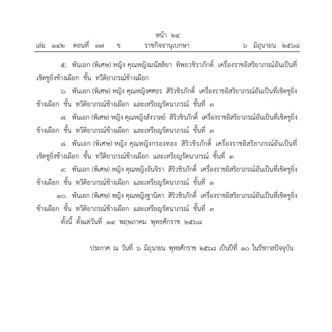โปรดเกล้าฯ พระราชทานเครื่องราชฯ และยศทหาร ‘พลตรีหญิง-พันเอก (พิเศษ) หญิง