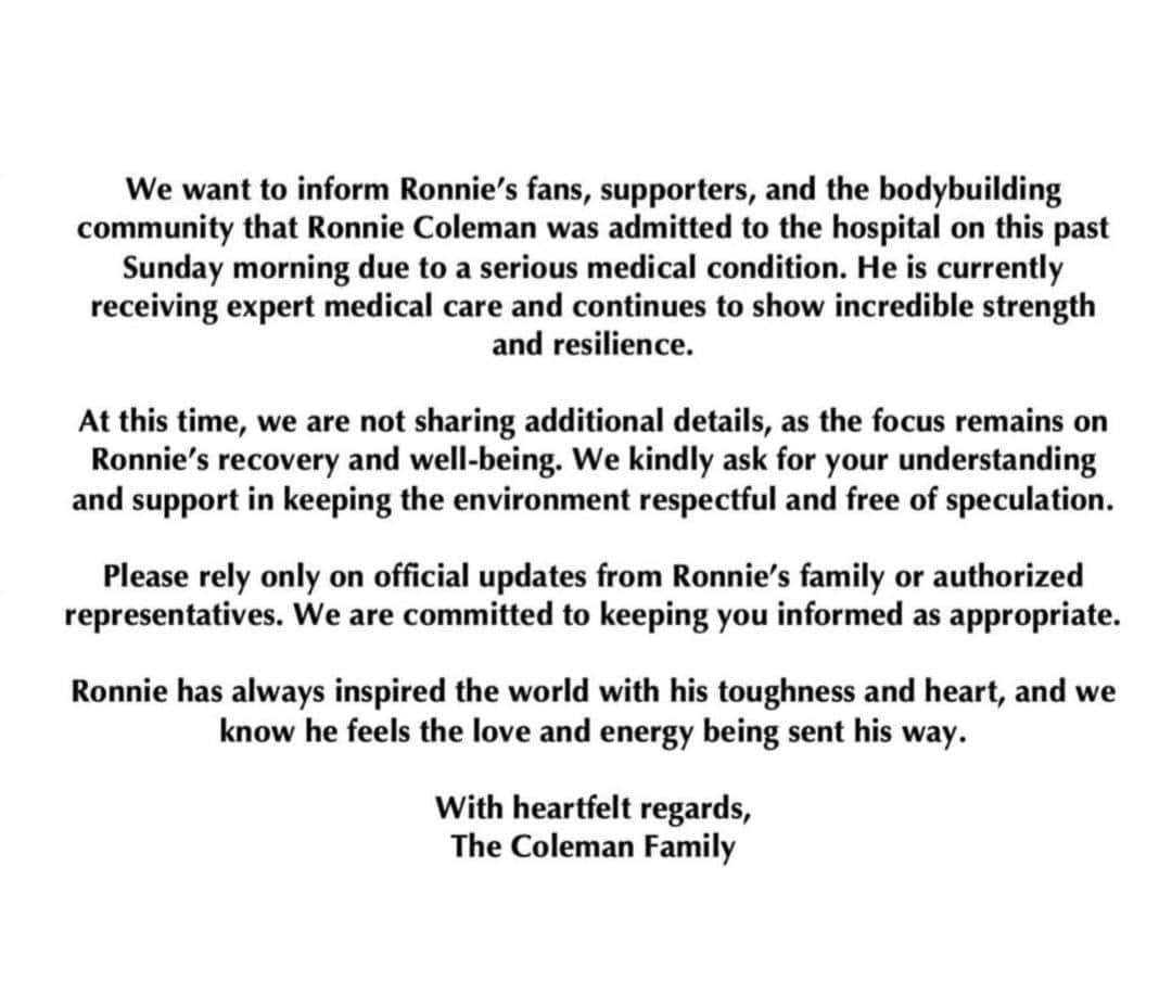 รอนนี่ โคลแมน อดีตแชมป์มิสเตอร์โอลิมเปีย 8 สมัย ถูกส่งตัวเข้าโรงพยาบาลด้วยอาการป่วยรุนแรง
