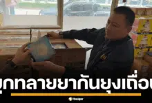 ภาพเจ้าหน้าที่ตำรวจกำลังตรวจสอบกล่องยาจุดกันยุงเถื่อนที่ถูกตรวจยึดจำนวนมาก