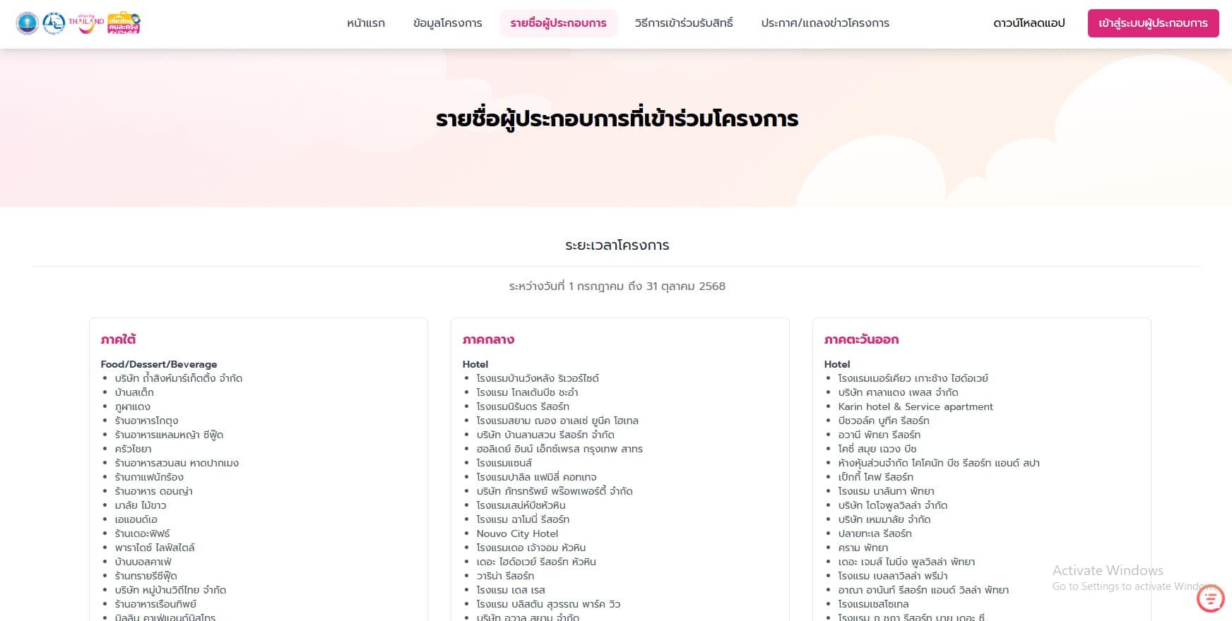 รายชื่อผู้ประกอบการที่เข้าร่วมโครงการเมที่ยวไทยคนละครึ่ง