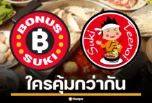 ภาพโลโก้ "โบนัส สุกี้" และ "สุกี้ตี๋น้อย" สื่อถึงการแข่งขันในตลาดบุฟเฟต์สุกี้