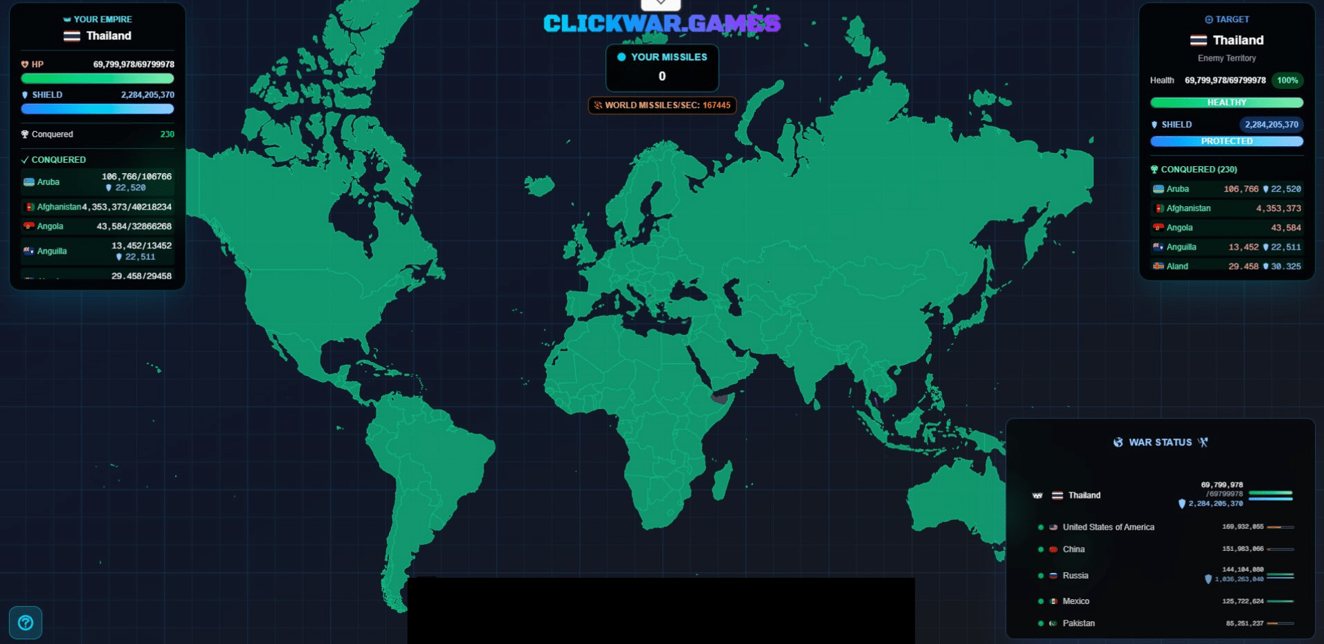 ภาพหน้าจอเกม Clickwar.Games ที่แสดงแผนที่โลก โดยประเทศไทยเป็นผู้ชนะหรือกำลังยึดครองพื้นที่