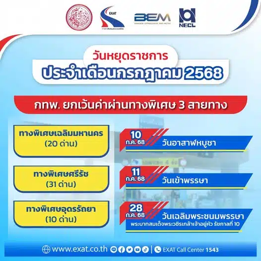 ทางด่วนฟรีวันหยุดราชการประจำเดือนกรกฎาคม 2568