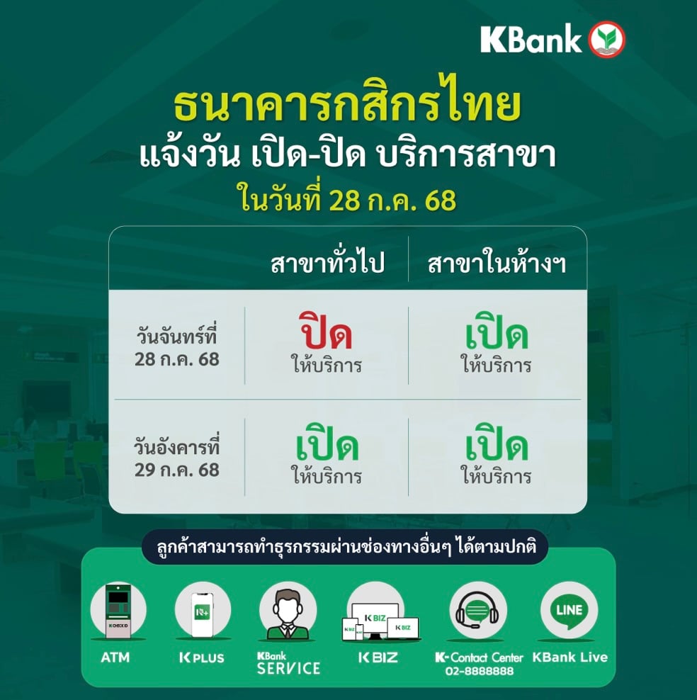 ธนาคารกสิกรไทย-ขอแจ้งวันทำการสาขาในช่วงวัน 28 กค 68