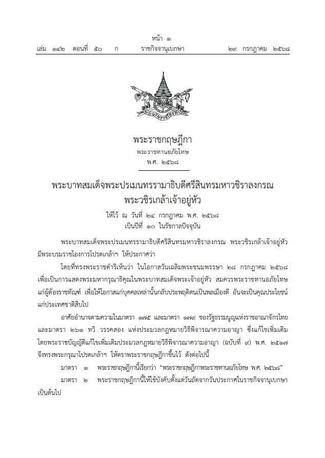 พระราชกฤษฎีกาพระราชทานอภัยโทษ 2568 - 1