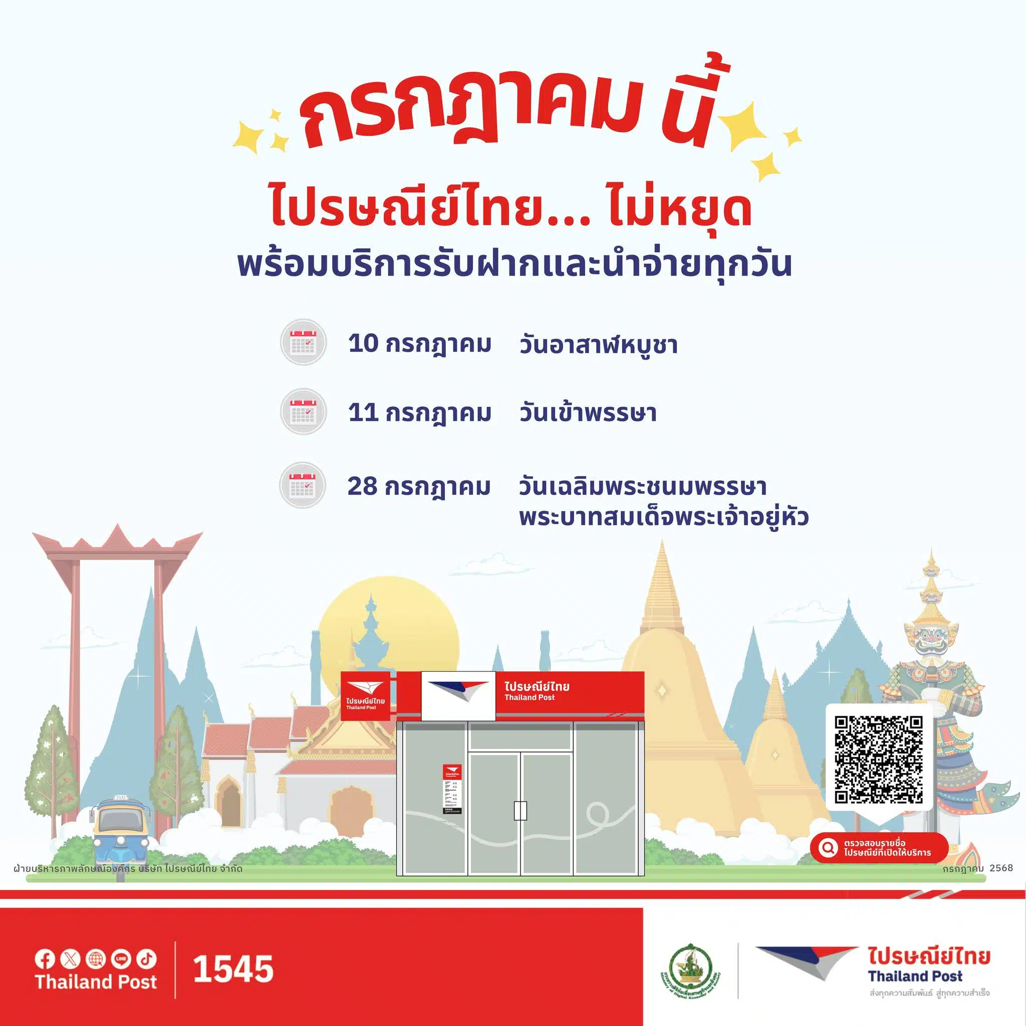 วันหยุดยาว 10-11 ก.ค. วันเข้าพรรษา ไปรษณีย์ไทยหยุดไหม
