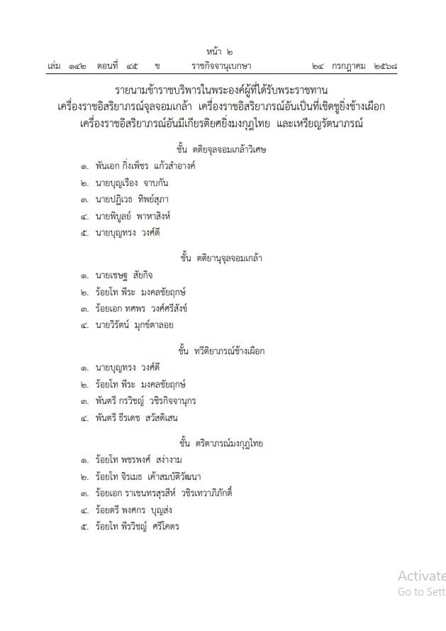 เปิดรายชื่อได้รับพระราชทานเครื่องราชฯ 24 ราย