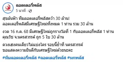 เศรษฐีใหม่ นครสวรรค์ ถูกรางวัลที่ 1 กับลอตเตอรี่พลัส 5 ใบ รับเงินก้อนคนเดียว 30 ล้าน-1