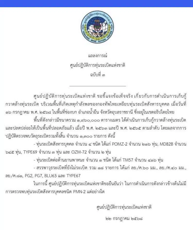 แถลงการณ์จาก ศูนย์ปฏิบัติการทุ่นระเบิดแห่งชาติ