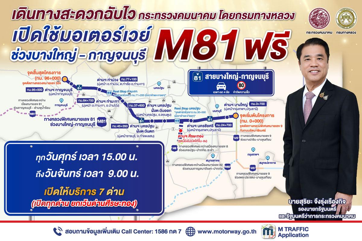 เปิดทดลองใช้ มอเตอร์เวย์ M81 บางใหญ่-กาญจนบุรี ตลอดสาย เพิ่มเป็น 7 ด่าน