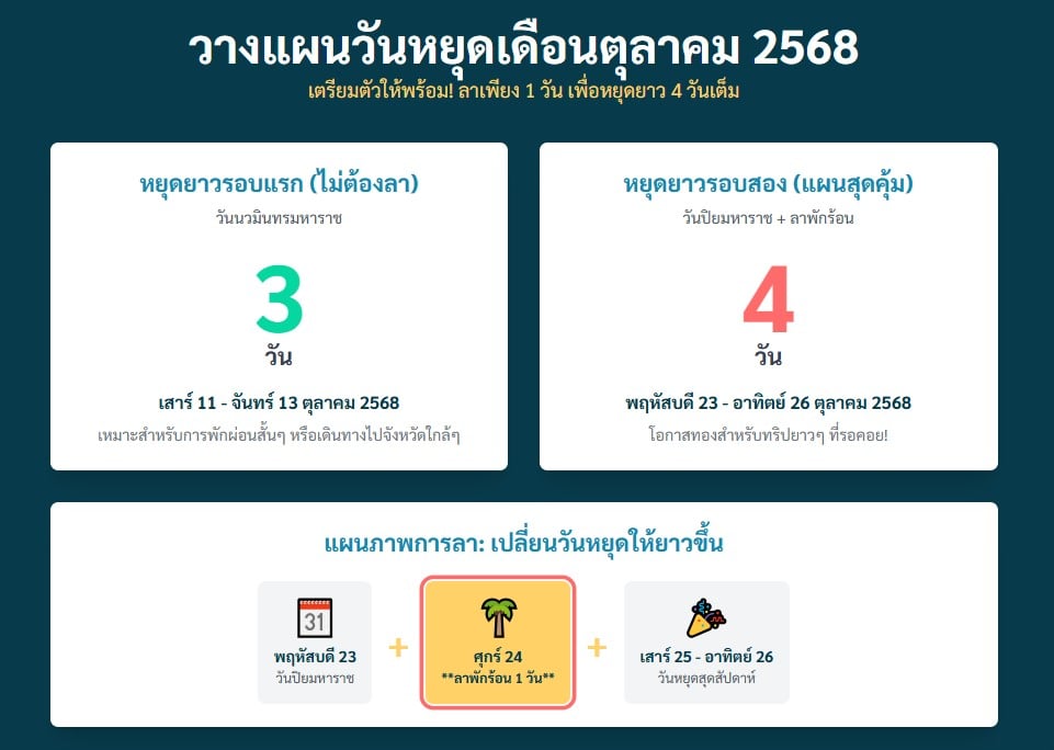 วางแผนวันหยุดเดือนตุลาคม 2568