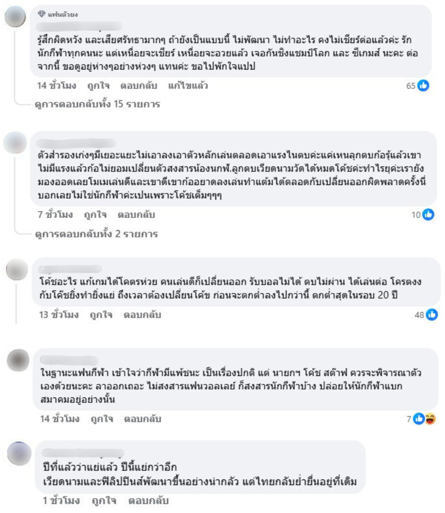 ความคิดเห็นของแฟนวอลเลย์บอลที่วิพากษ์วิจารณ์การทำงานของโค้ชและสมาคมฯ