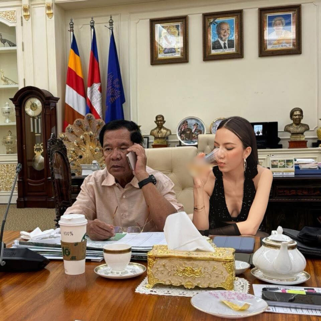 จ๊ะ นงผณี มหาดไทย ในภาพต้นฉบับและภาพที่ถูกตัดต่อคู่กับสมเด็จฯ ฮุน เซน