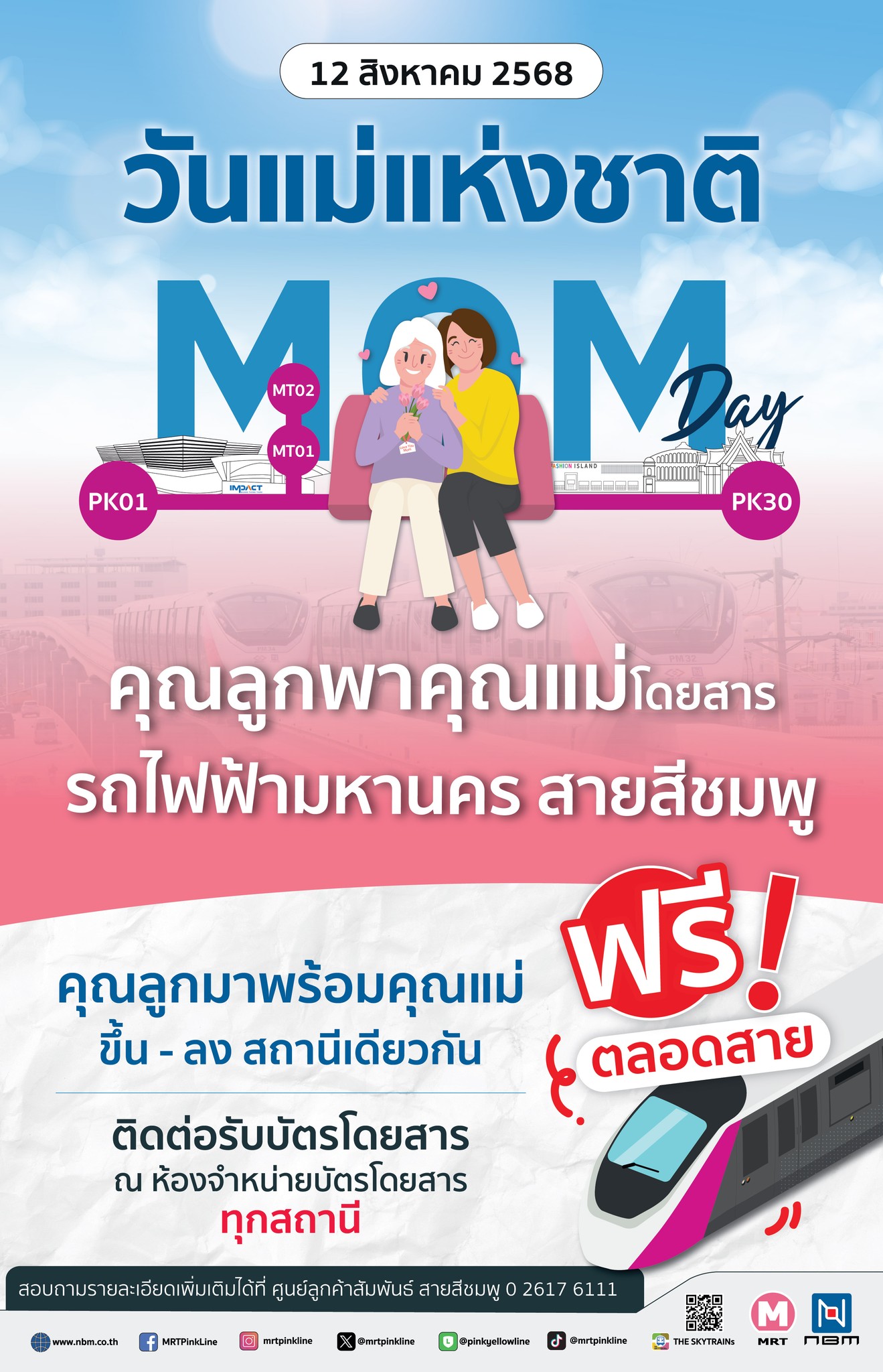 รถไฟฟ้าสายสีชมพูนั่งฟรี 12 ส.ค. 68