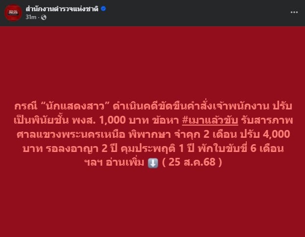 สำนักงานตำรวจแห่งชาติ แจ้งจำคุก นักแสดงสาว