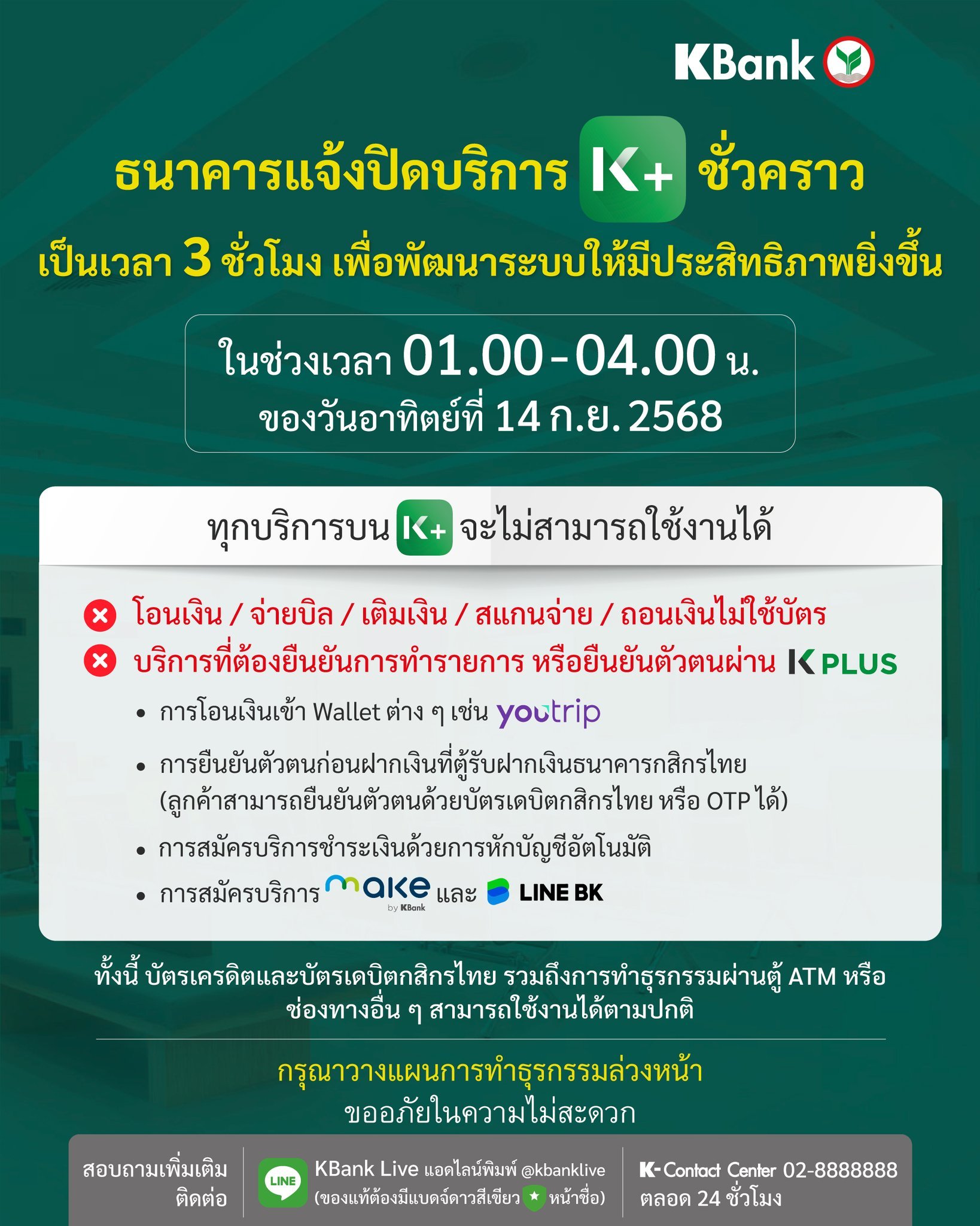 กสิกรไทย แจ้งปิดแอปฯ K PLUS ทุกบริการใช้งานไม่ได้ เช็กวัน-เวลา ทำธุรกรรมไม่ได้