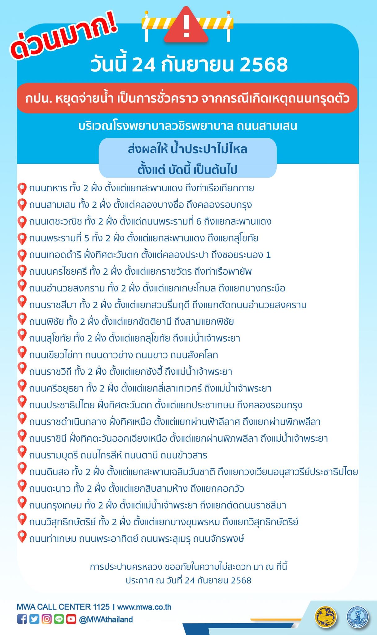 การประปานครหลวง (กปน.) ได้ออกประกาศฉุกเฉิน เรื่อง มีความจำเป็นต้องหยุดจ่ายน้ำเป็นการชั่วคราว