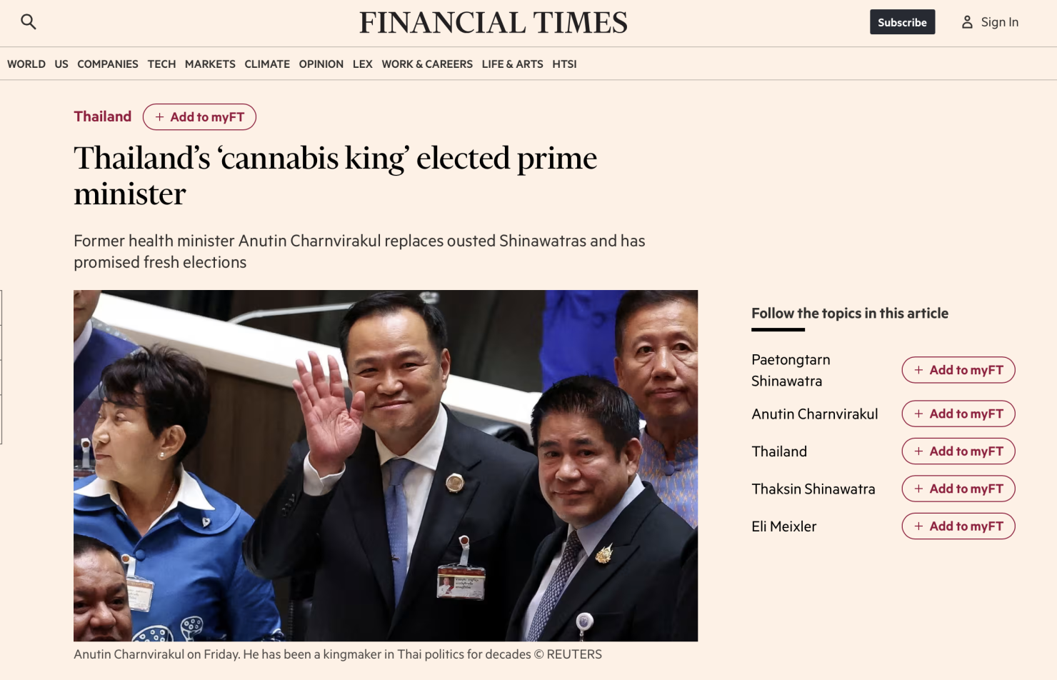 อนุทิน ชาญวีรกูล หัวหน้าพรรคภูมิใจไทย ได้รับเสียงโหวต 311 เสียงในสภาฯ ขึ้นเป็นนายกรัฐมนตรีคนที่ 3 ในรอบปีกว่า หลังแพทองธาร ชินวัตร ถูกศาลรัฐธรรมนูญสั่งพ้นตำแหน่ง สื่อนอกตั้งฉายาจากนโยบายเด่น ‘cannabis king’