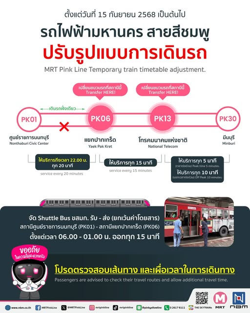 รถไฟฟ้าสายสีชมพูปรับเส้นทางการเดินรถ