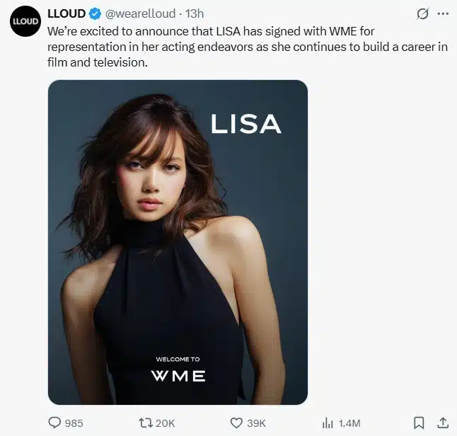 ลิซ่า เซ็นสัญญา WME เอเจนซี่ยักษ์ใหญ่ของฮอลลีวูด