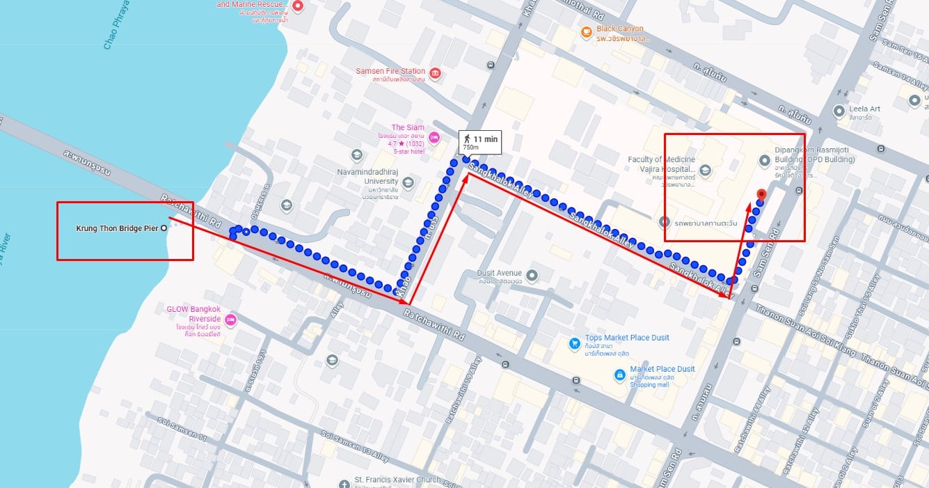 เส้นทางไป รพ.วชิรพยาบาล เส้นทางเรือ