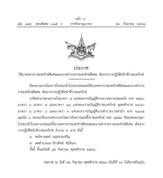 โปรดเกล้าฯ พล.ต.อ.จักรทิพย์ พ้นหน้าที่ นายตำรวจราชองครักษ์พิเศษ