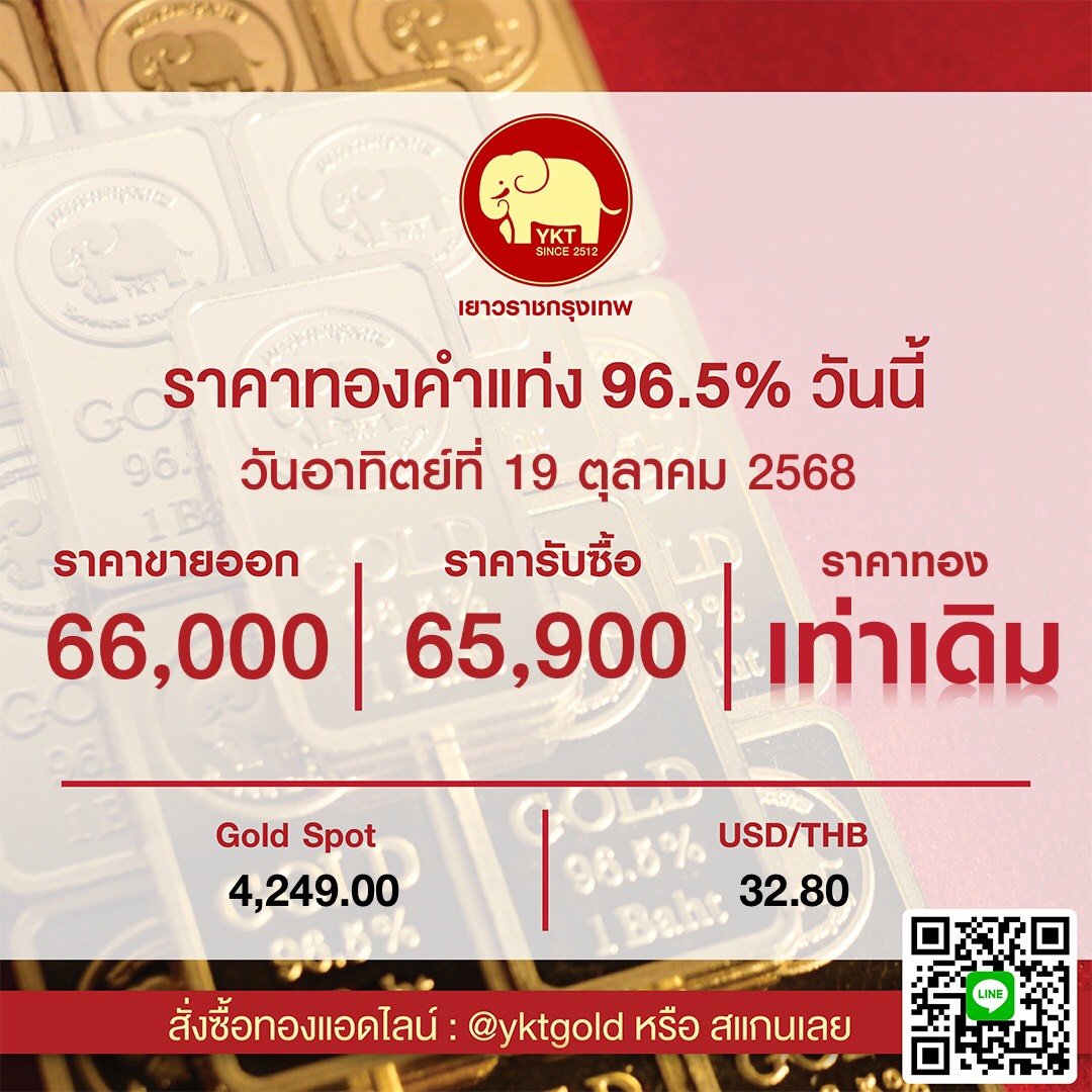 ห้างทองเยาวราชกรุงเทพ เช็กราคาทองคำแท่งวันนี้ 19 ตุลาคม 68