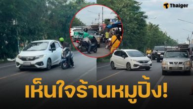 สาวขับเก๋งหัวร้อน พุ่งชน จยย. อัดร้านหมูปิ้งพังยับ ชาวเน็ตถามใครรับผิดชอบ?