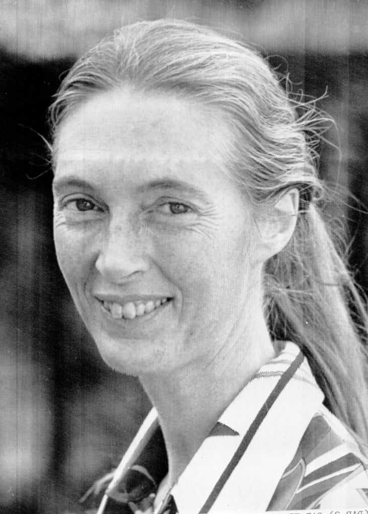 FILE - British anthropologist Jane Goodall is pictured in 1975, location unknown. Goodall, the conservationist renowned for her groundbreaking chimpanzee field research and globe-spanning environmental advocacy, died Wednesday, Oct. 1, 2025. She was 91.