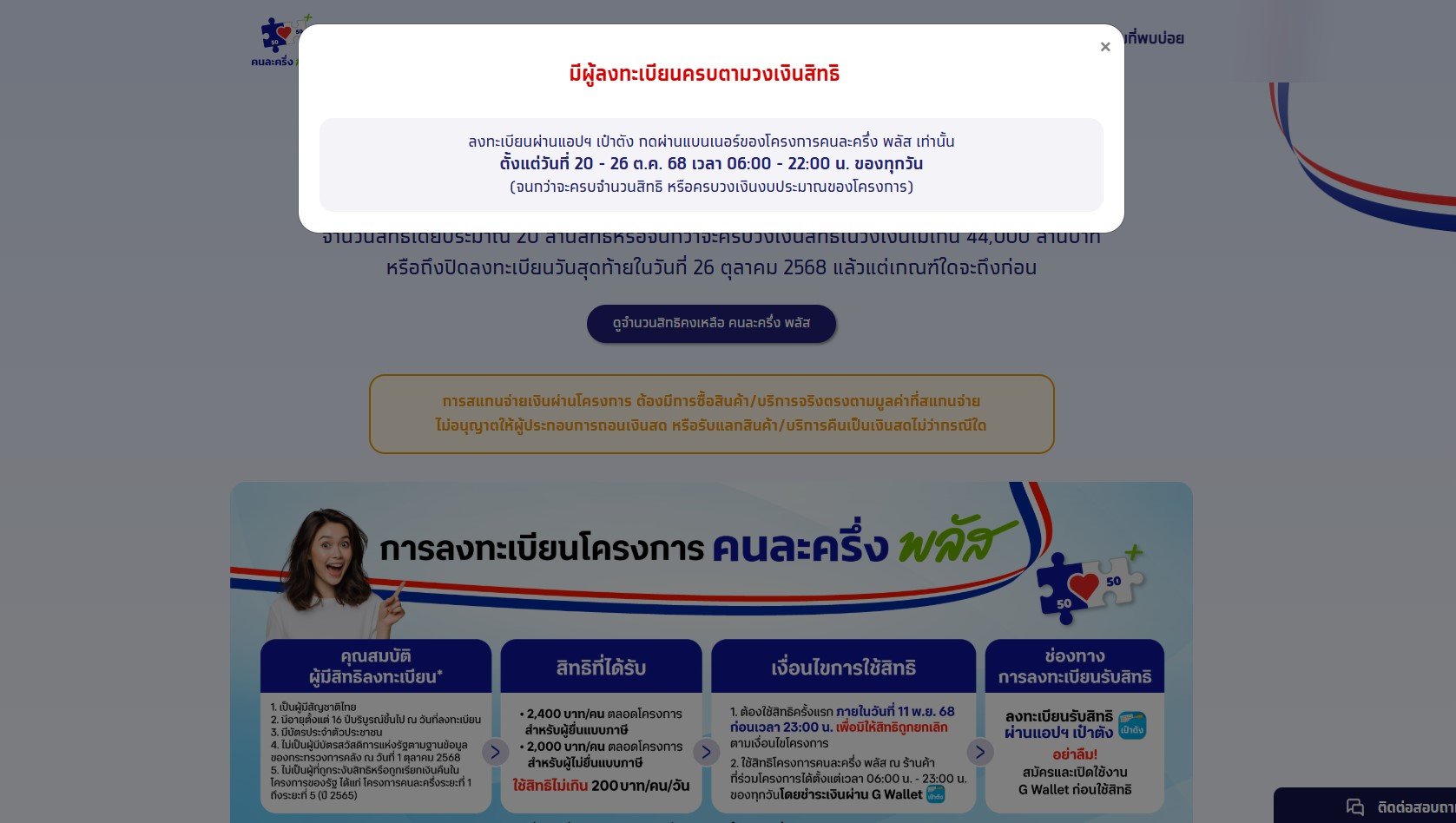 หน้าจอเว็บไซต์ www.คนละครึ่งพลัส.com ที่แสดงข้อความว่า "สิทธิคงเหลือ 0" หรือ "ลงทะเบียนครบแล้ว"