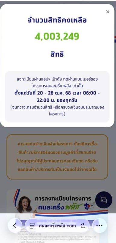จำนวจสิทธิคงเหลือ คนละครึ่งพลัส